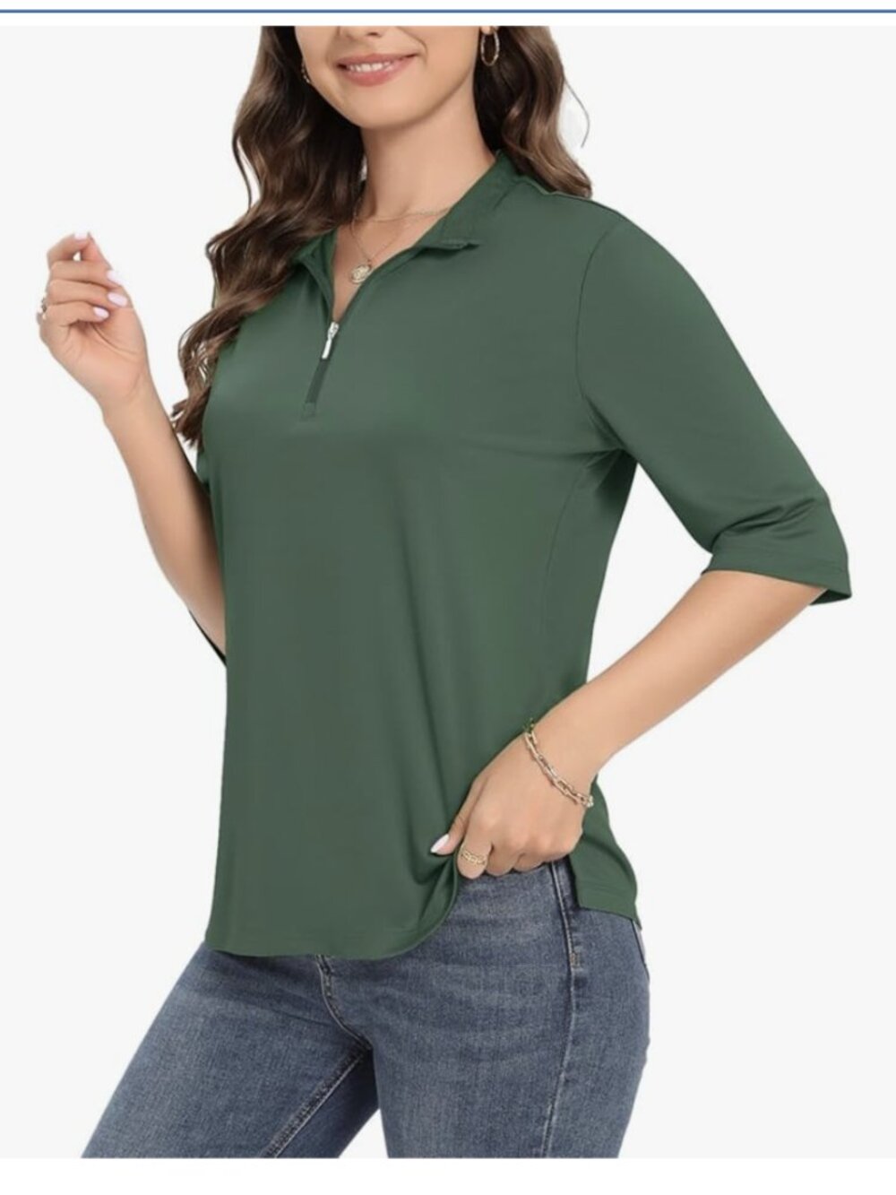 LIKE NEW Golf Shirt Quick Dry 3/4 Sleeve Tennis Tops UPF50+ zipper Large Green